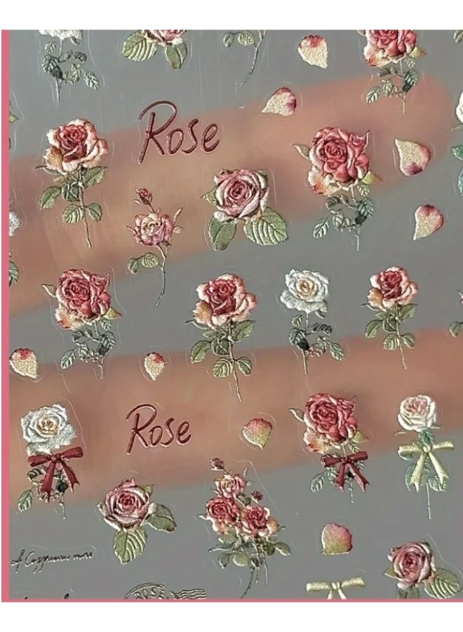 5 أوراق الخمر ورد الأظافر الملصقات، 3D الزهور الأظافر الفن الملصقات، اللاصقات المانيكير اللاصقة للنساء والفتيات، أنيقة DIY الأظافر الملحقات - Image 1